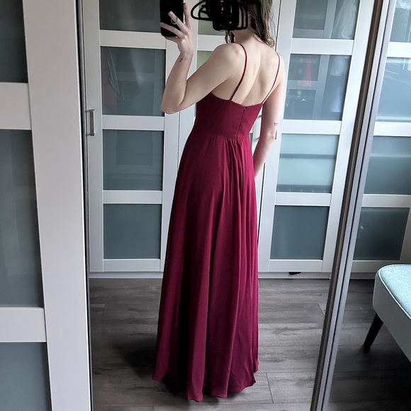 SOLD Red floor length formal prom dress with leg side slit and v neck - Picture 5 of 5